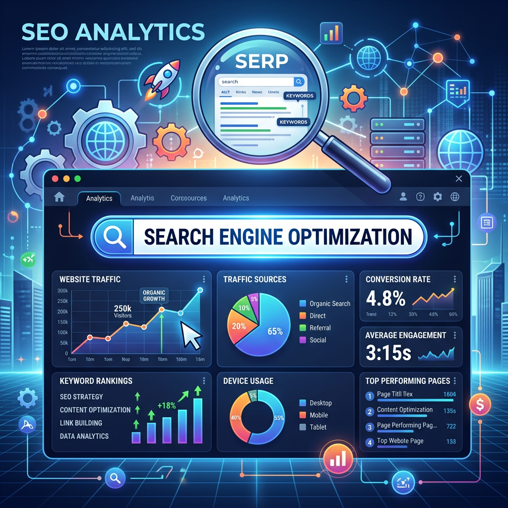 SEO dashboard with website traffic graph, traffic sources pie chart, keyword rankings, device usage, conversion rate, and top performing pages